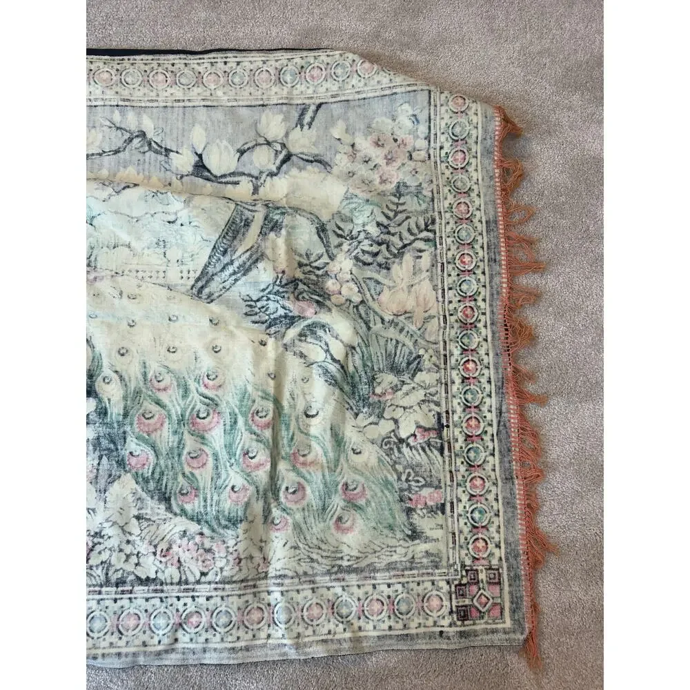 Turkish Peacock Tapestry 57x39 Corlu Turkey Wall Hanging Throw Floral Fringe